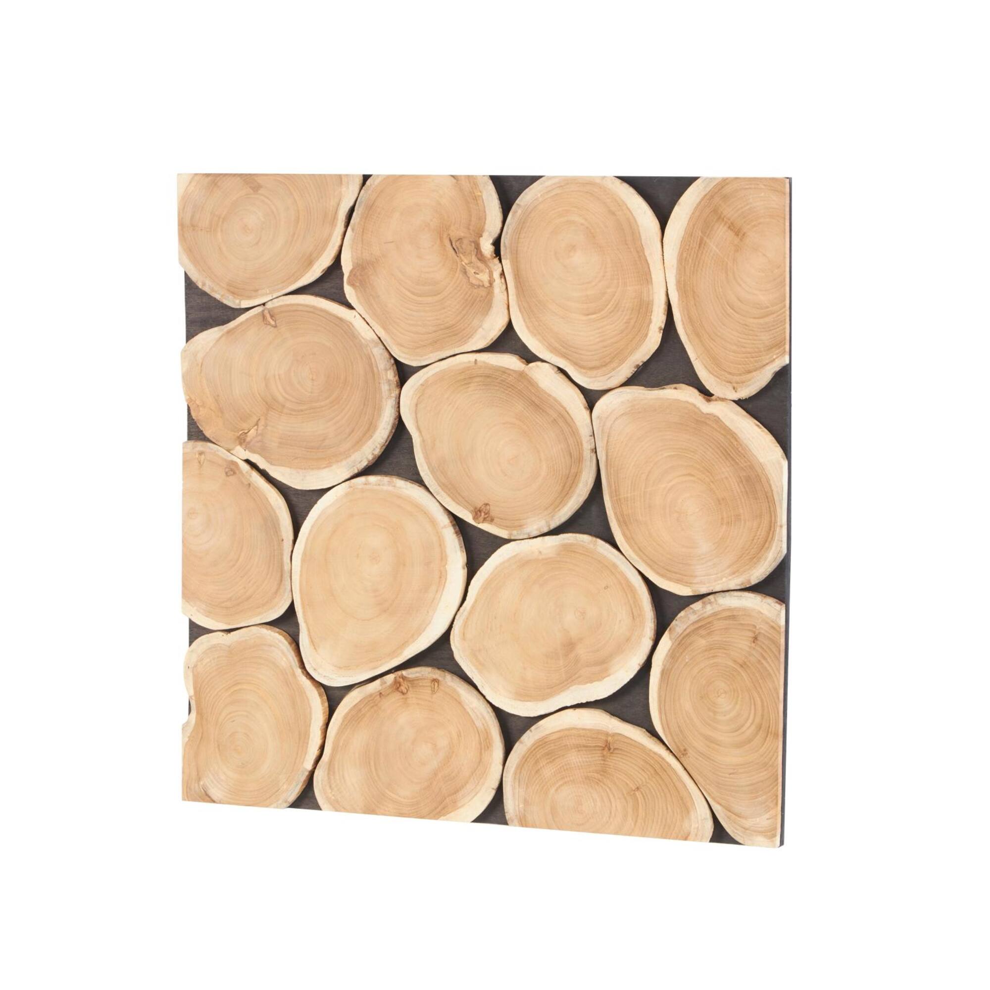 24" x 24" Brown Teak Wood Abstract Handmade Round Mosaic Inspired Wood Slab with Black Backing Wall Décor